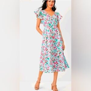 Ann Taylor Red Floral Aqua Blue V-neck Flutter Sleeve Cotton Midi Dress 6